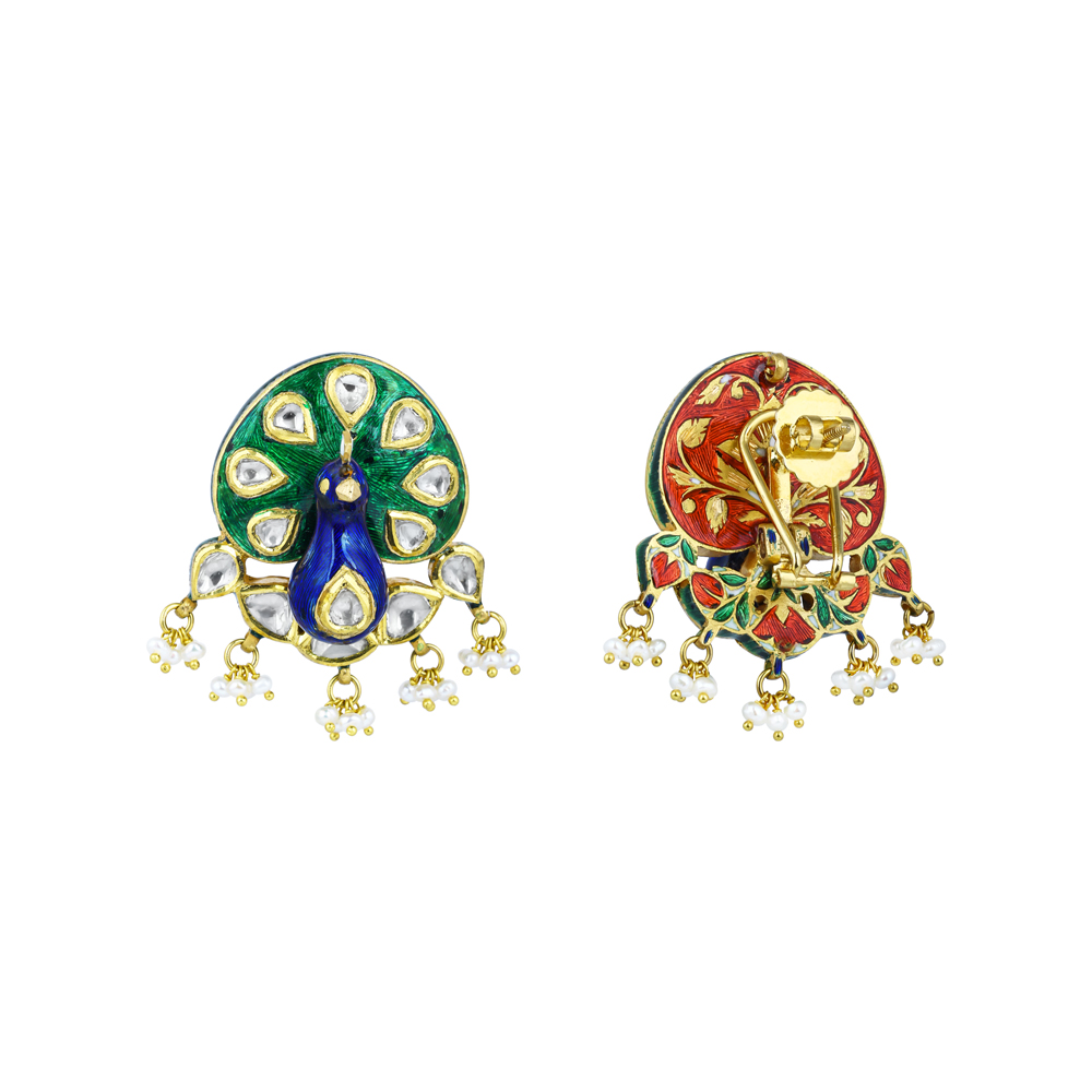 Peacock Motif Polki Earrings with Enamel and Pearls Cluster